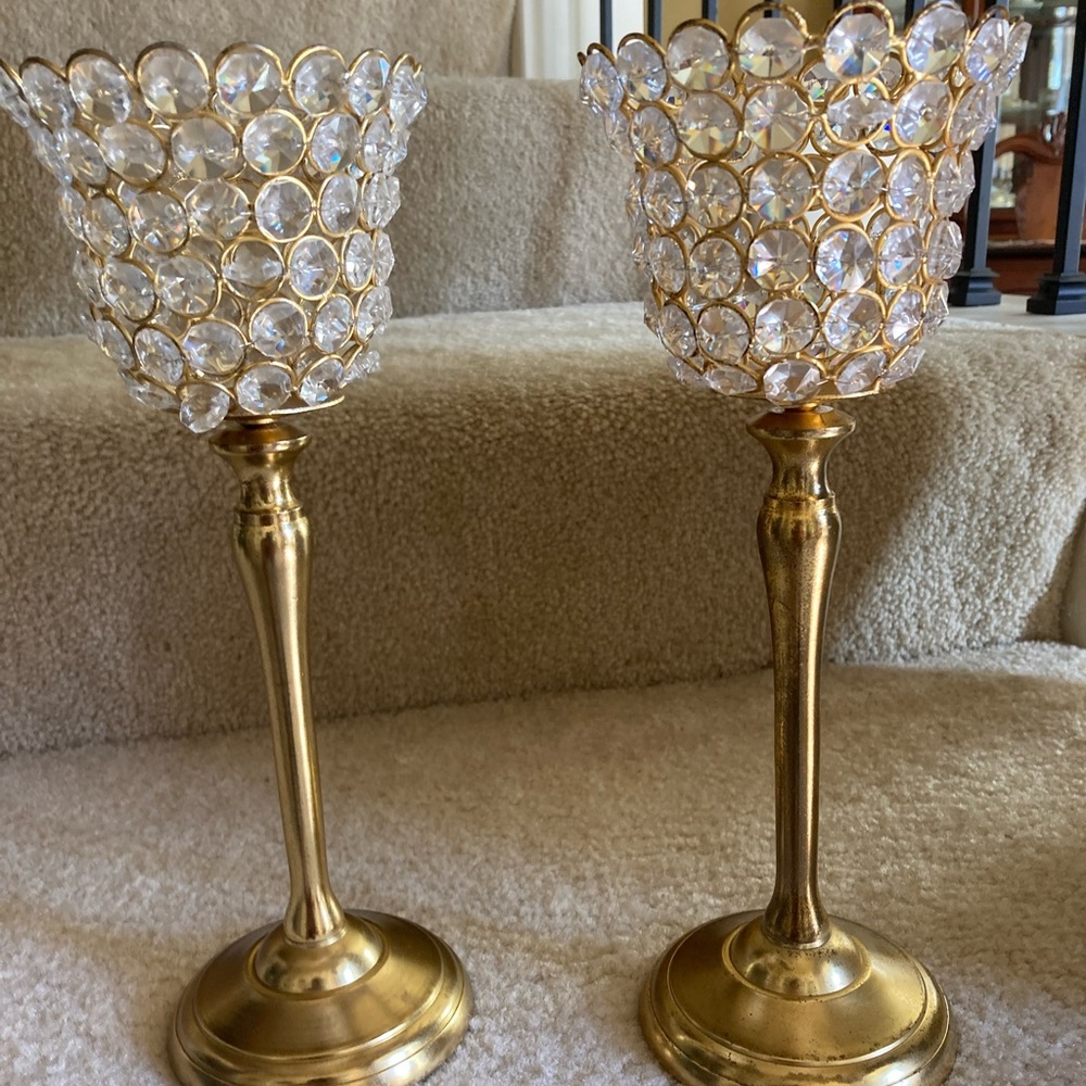 Pair of Brass Plated and Glass Candle Holders
